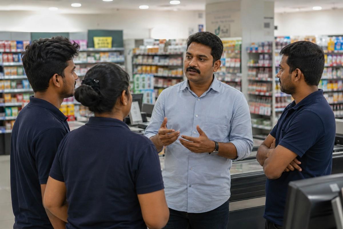 A supermarket manager discussing store operations with three employees inside a grocery store.
